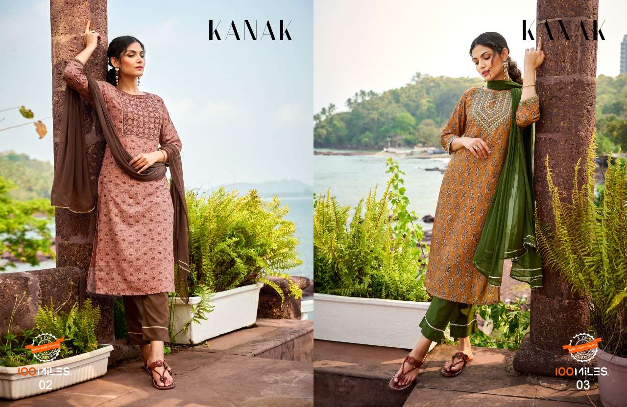 KANAK BY 100MILES BRAND PRESENTS BLENDED MAL COTTON WITH EMBROIDERY WORK PRINTED KURTI WITH COMPLETE COTTON INNER WITH PANT AND DUPATTA - 02 & 03